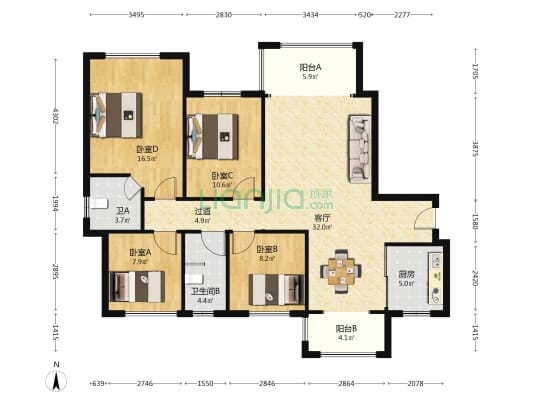 湖畔美苑 4室1厅2卫 127平方
