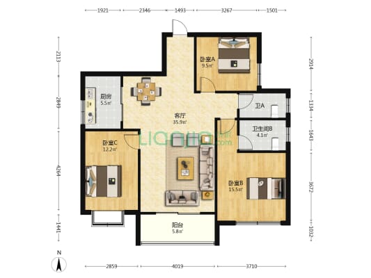 金叶家园 3室1厅2卫 115平方