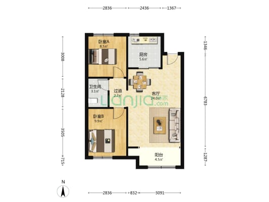 卓越花园 2室1厅1卫 85平方