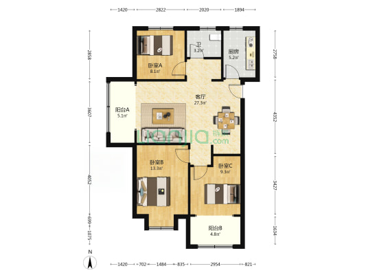 炜伦二号公馆小区 3室1厅1卫 102平方