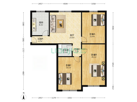 恒生花园二区 3室1厅1卫 107平方