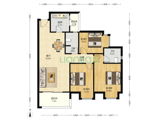 英才佳园 3室1厅2卫 120平方