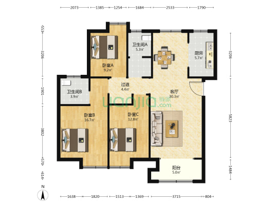 卧龙溪岸西苑 3室1厅2卫 127平方