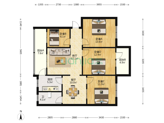 建安小区 4室2厅1卫 109平方