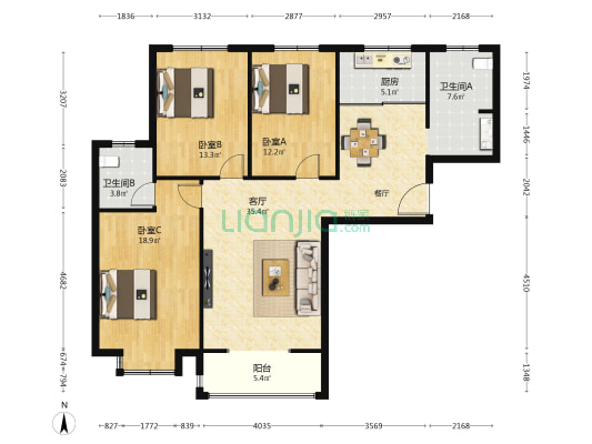 万业金城贰号院 3室1厅2卫 135平方