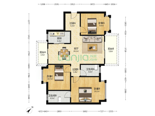 星汇常一居 3室1厅2卫 104平方