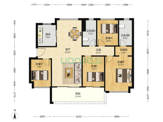 中国中铁·诺德名著 4室1厅2卫 127平方