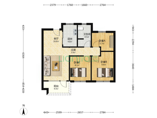 海岸万科城探梅里 3室1厅1卫 87平方