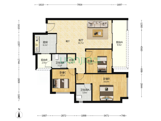 保利和颂 3室1厅2卫 117平方