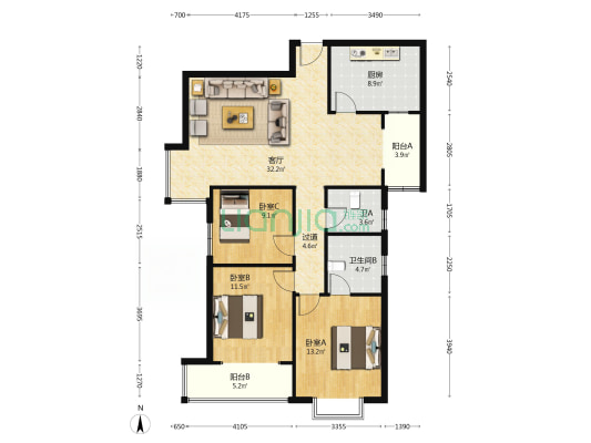 7171厂北院住宅小区 3室1厅2卫 129平方