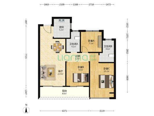 中通蓝城 3室1厅2卫 100平方