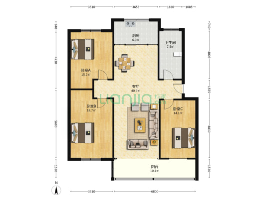香泽园小区 3室1厅1卫 129平方