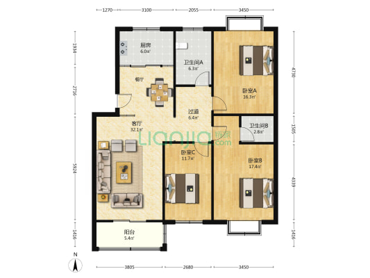 安泰苑小区 3室1厅2卫 122平方