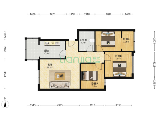 汇蜀花园 3室1厅1卫 86平方