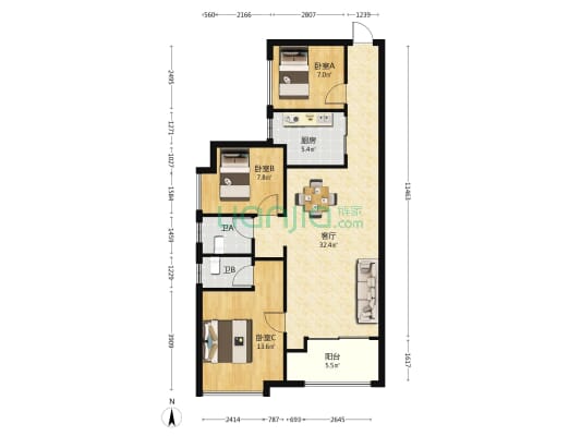 宁乡蓝色港湾 3室1厅2卫 88平方