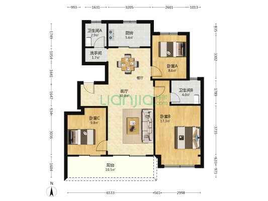 前山澜庭D区 3室1厅3卫 110平方