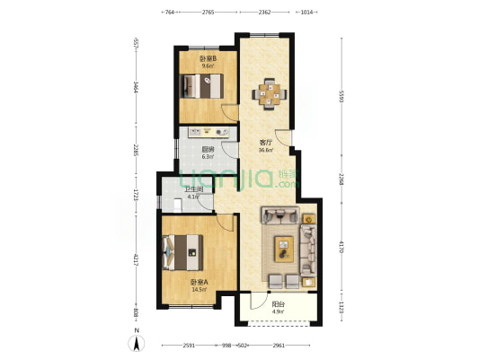 中海牧雲山三区(西院) 2室1厅1卫 95平方