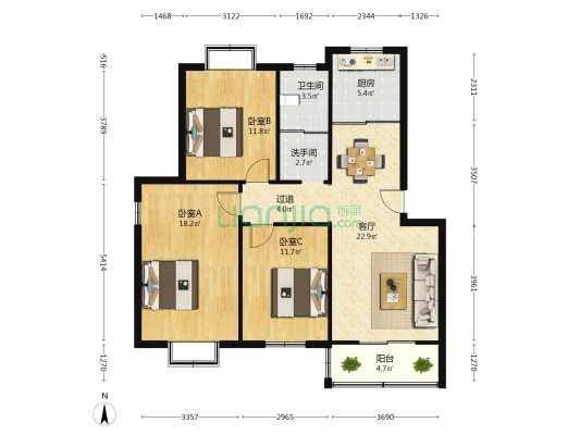 金桂花园 3室1厅2卫 109平方