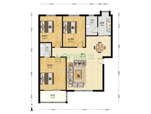 天鸿小区 3室1厅2卫 123平方