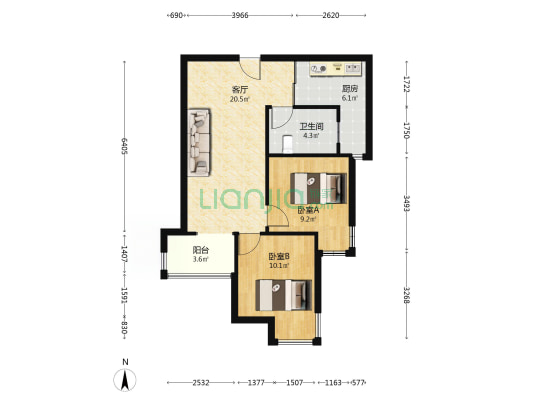 天伦湾馨园精装两居，保利物业集中供暖大社区-户型图