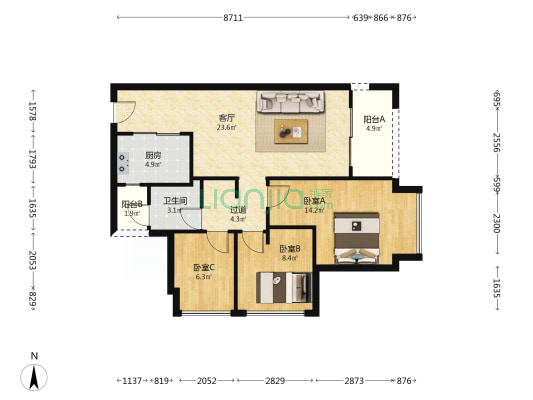 万科清水甲第明德 3室1厅1卫 84平方