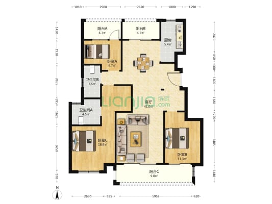 标志·和风苑 3室1厅2卫 127平方