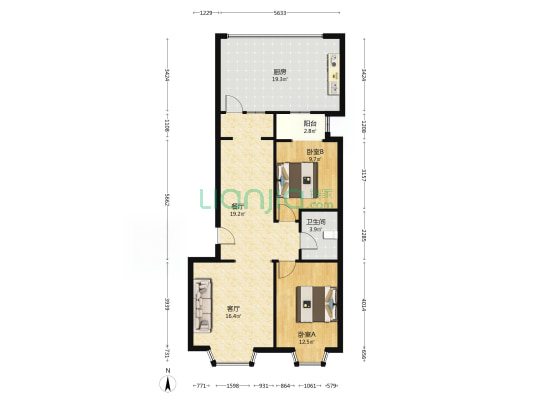 双语旁边的南北通透两居 好楼层 业主诚意出售-户型图