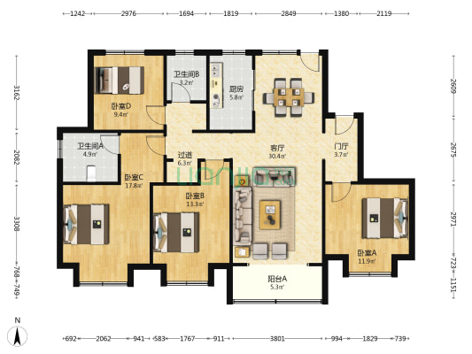 董花园新区 4室1厅2卫 163平方
