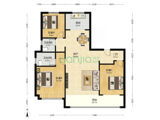 绿城复地柳岸晓风 3室1厅2卫 135平方