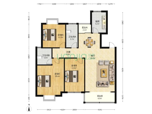 新府名邸 3室1厅2卫 133平方