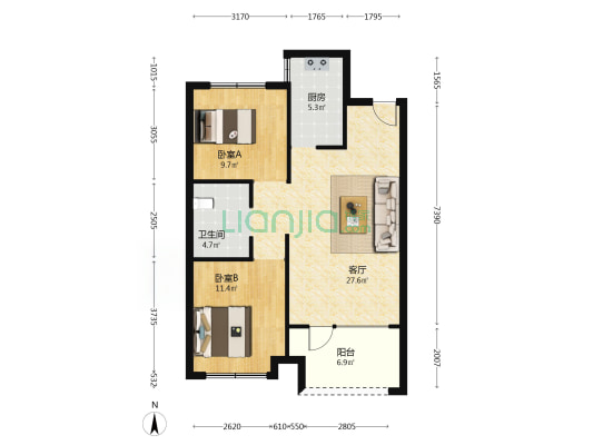 东方银座莱茵城 2室1厅1卫 86平方