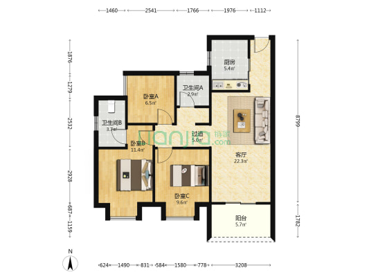 华阳湖1号 3室1厅2卫 96平方
