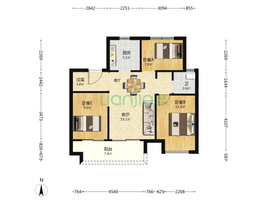 高新·和锦莲序 3室1厅1卫 87平方