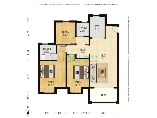 翠屏佳苑 3室1厅2卫 109平方