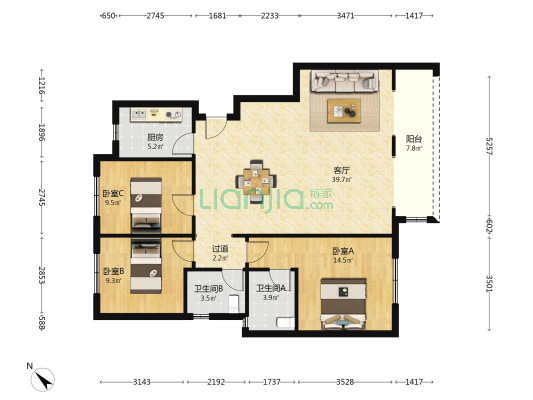 雍湖大院二期 3室1厅2卫 108平方
