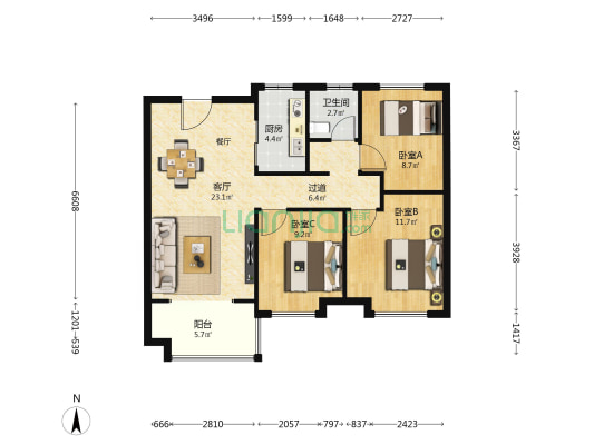 白桦林漫步 3室1厅1卫 106平方