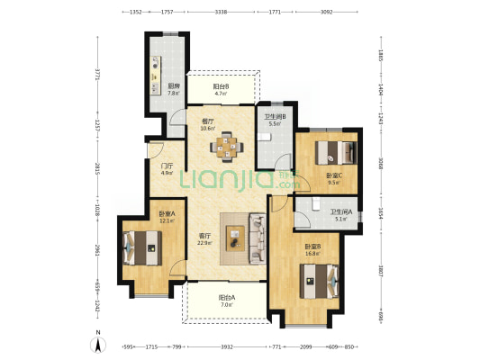 恒大翡翠华庭 3室2厅2卫 128平方