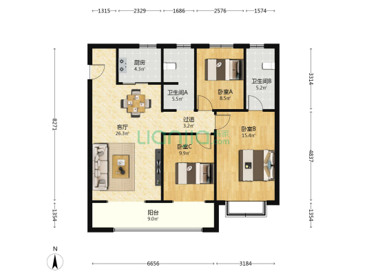 高新云锦 3室1厅2卫 125平方