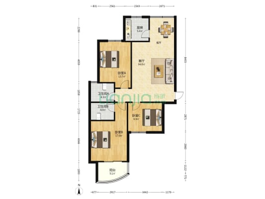 金鼎世纪新城 3室1厅2卫 118平方