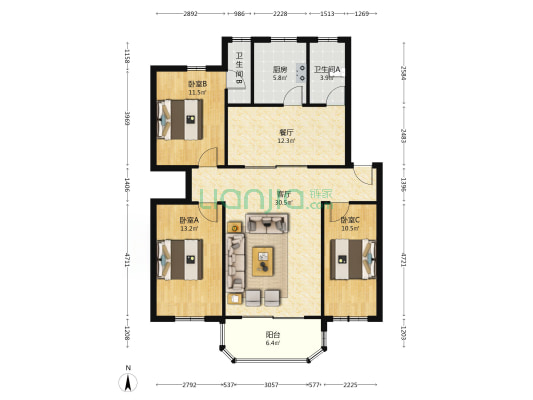 邮政小区(涿州) 3室2厅 南 北-户型图