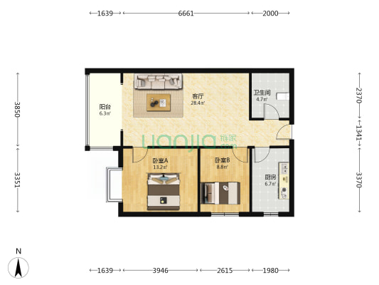 紫阳花园 2室1厅1卫 81平方