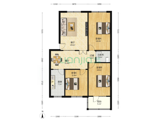 新合街27号 3室2厅1卫 120平方