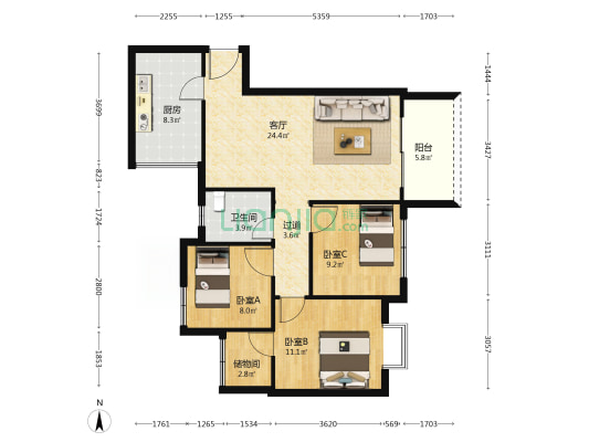 佳汇苑南苑 3室1厅1卫 92平方