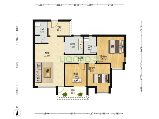 南晶国际南庭 3室1厅2卫 83平方