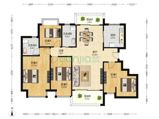恒大悦龙台 4室1厅2卫 149平方