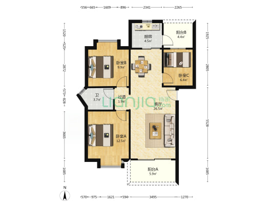 忠信玫瑰园 3室1厅1卫 87平方