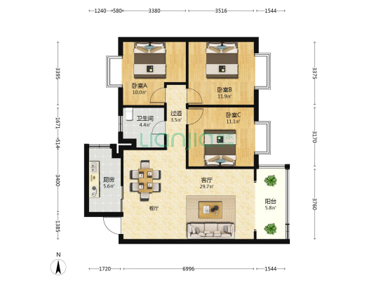 东方丽苑 3室1厅1卫 102平方