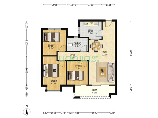 南昌旭辉中心C区 3室1厅1卫 95平方