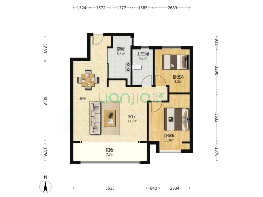 绿地新里里尔公馆 2室1厅1卫 92平方