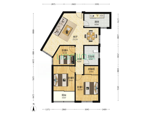 扬子二十村 3室1厅1卫 104平方